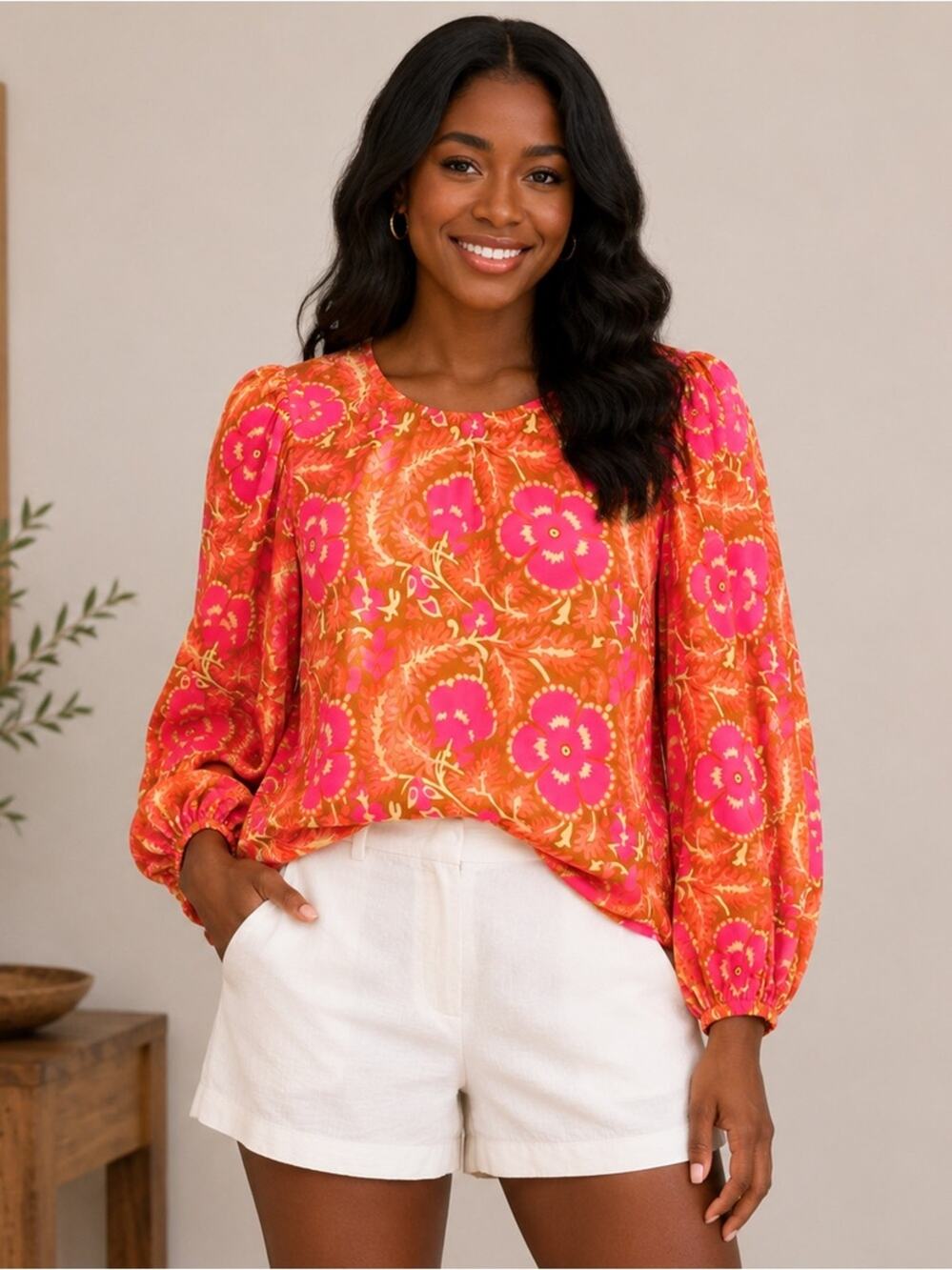 Cleobella Floral Puff Sleeve Blouse Pink Orange Boho Resort Top Size XS
